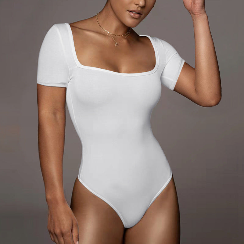 Body une pièce moulant d'été pour femme, col carré, manches courtes