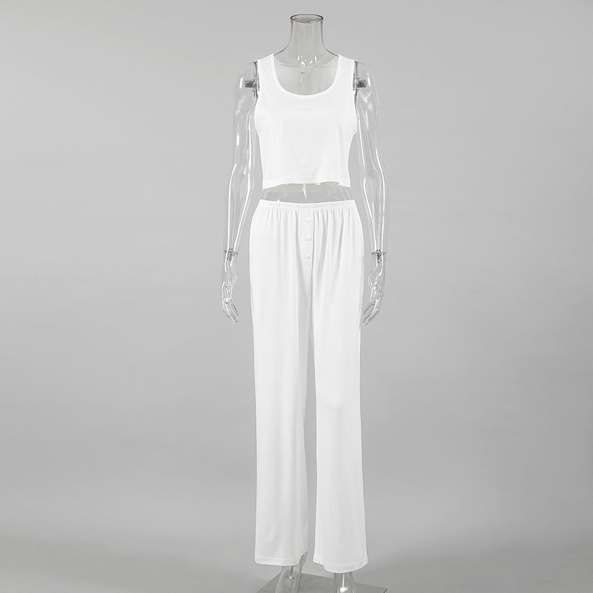 Ensemble deux pièces sans manches gilet et pantalon tricoté émerisé pour femme, collection Printemps-Été