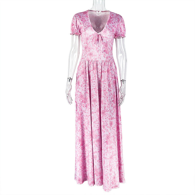 Robe trapèze élégante avec impression, col en V, manches bulles, vêtement féminin doux