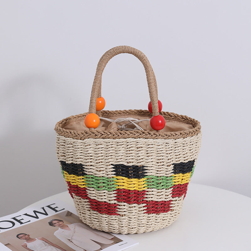 Sac tressé portable en perles de bois mignon, sac tissé à carreaux de couleur fraîche, panier de pique-nique de fruits, sac de plage