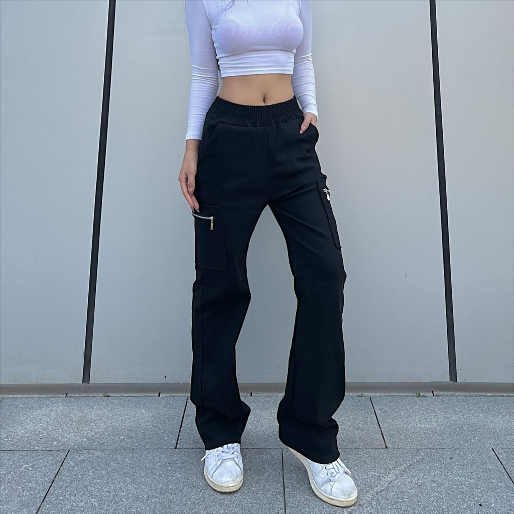 Pantalon tendance pour femme, pantalon cargo tendance, pantalon à fermeture éclair, pantalon droit ample style urbain, pantalon à jambes larges
