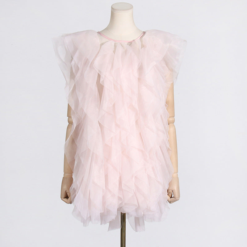 Unregelmäßiges asymmetrisches Rüschen-Stich-Kleid aus durchsichtigem Organza, ärmellos, sexy, für Damen