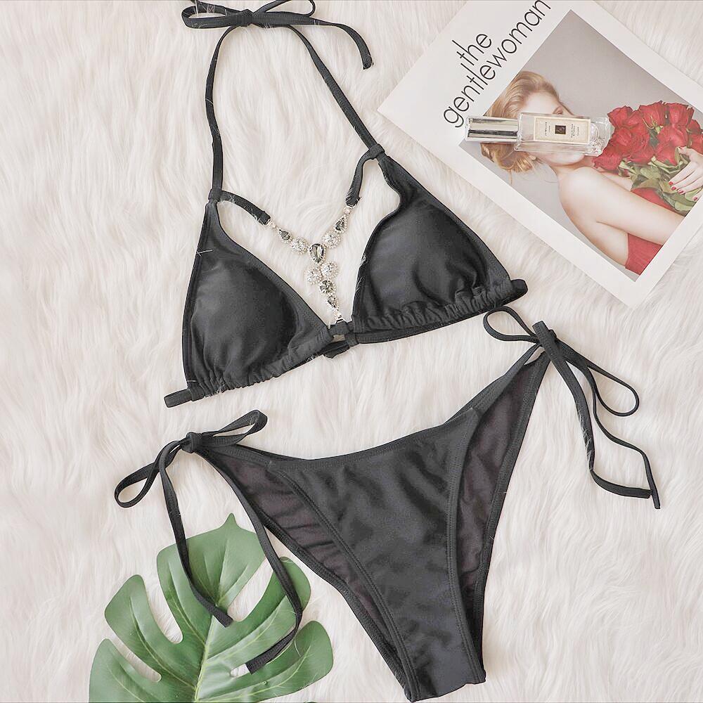 Nouveau Maillot de Bain Sexy Creux Découpé Vintage Cristal Diamant Bretelles Bikini Femme Maillot de Bain