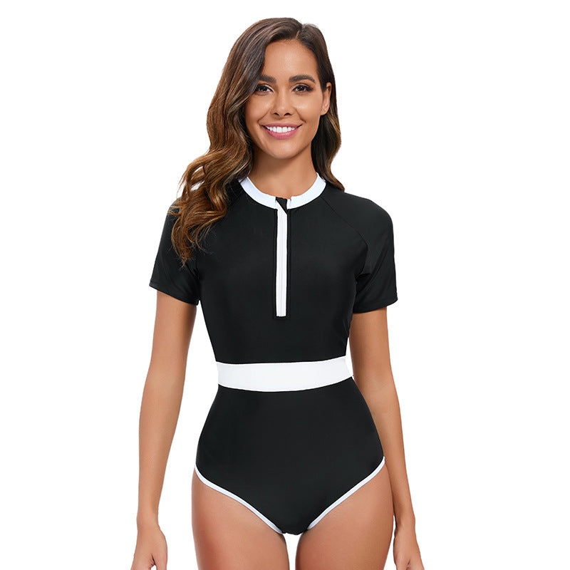 Nouveau maillot de bain une pièce à manches courtes et couleur assortie pour femme, combinaison de surf sexy et moulante, maillot de bain triangle