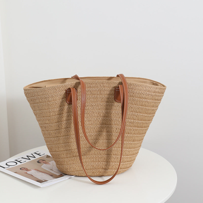 Sac à bandoulière en paille simple grande capacité, sac en paille tissé, sac fourre-tout, sac de plage pour femme pour les vacances à la mer