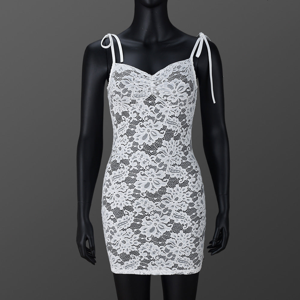 Robe fourreau en dentelle florale transparente pour femmes, coupe ajustée, à lacets