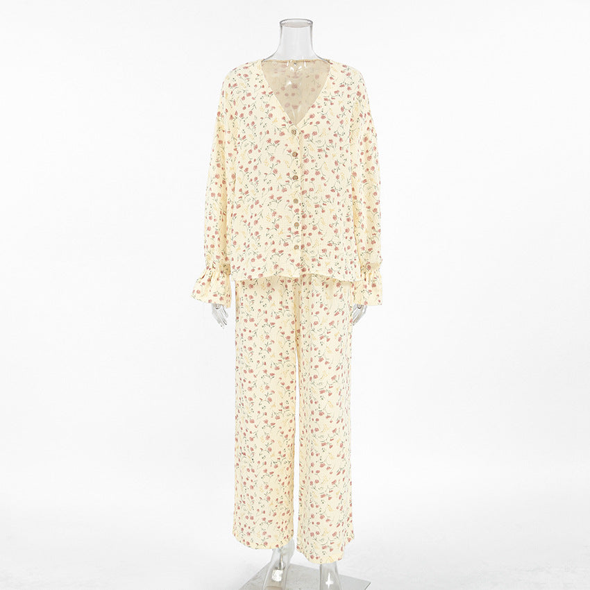 Vêtements d'intérieur amples et confortables Printemps Pur Coton Imprimé Manches Longues Pantalon Pyjama Confortable Femme