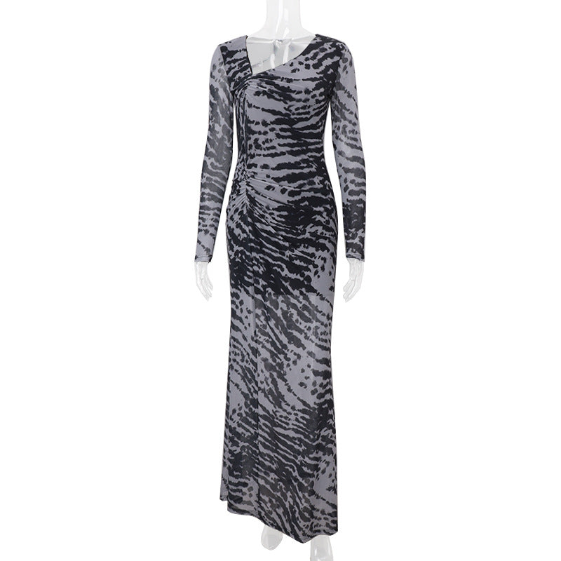 Damenbekleidung Herbst Retro Sexy schulterfreies Zebra-Muster Slim Fit Langarmkleid Damen