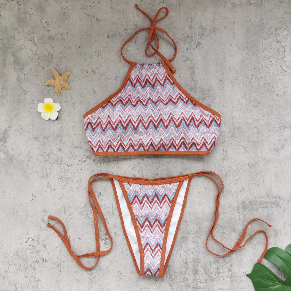 Trägerträger Sexy Rückenloses Niedriges Taille Schlauchtop Bikini Gestreift Bedruckter Split Badeanzug Bikini