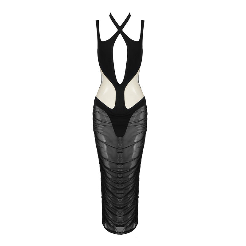 Sexy Mesh Aushöhlung Cutout Semi-Transparentes Slim Fit Maxikleid Damen Sommer Bandage Laufsteg