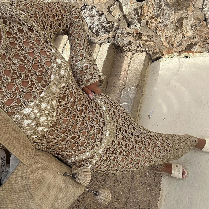 Vêtements Femme Robe Longue Sexy Découpée Évidée Manches Longues Col Rond Maxi Robe de Plage Jupette Crochet
