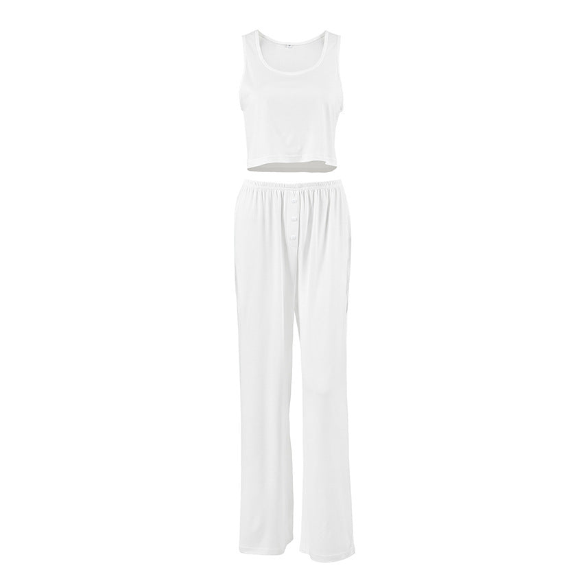 Ensemble deux pièces sans manches gilet et pantalon tricoté émerisé pour femme, collection Printemps-Été