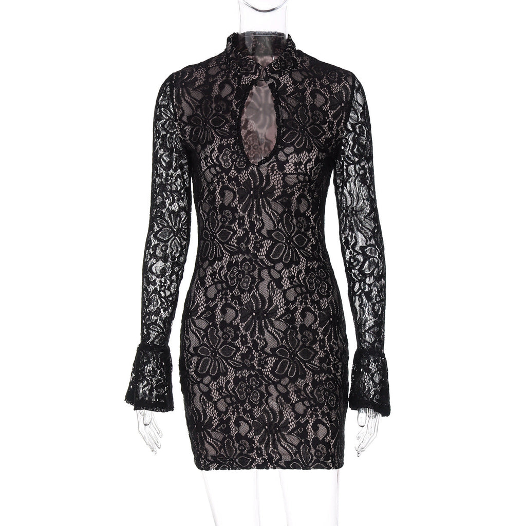 Vêtements pour femmes Hiver Sexy Dentelle Découpe Hanche Enveloppée Robe Manches Évasées