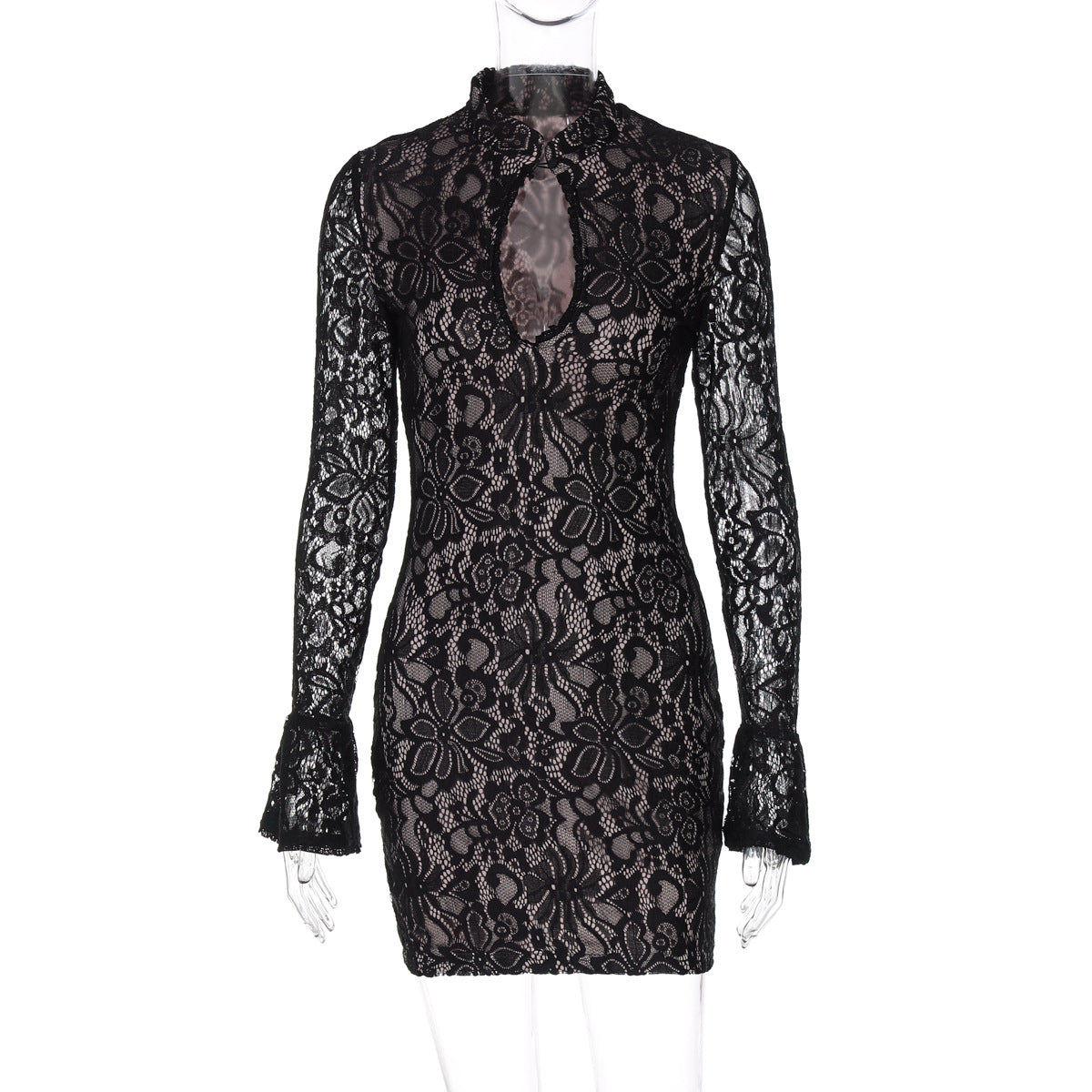 Vêtements pour femmes Hiver Sexy Dentelle Découpe Hanche Enveloppée Robe Manches Évasées
