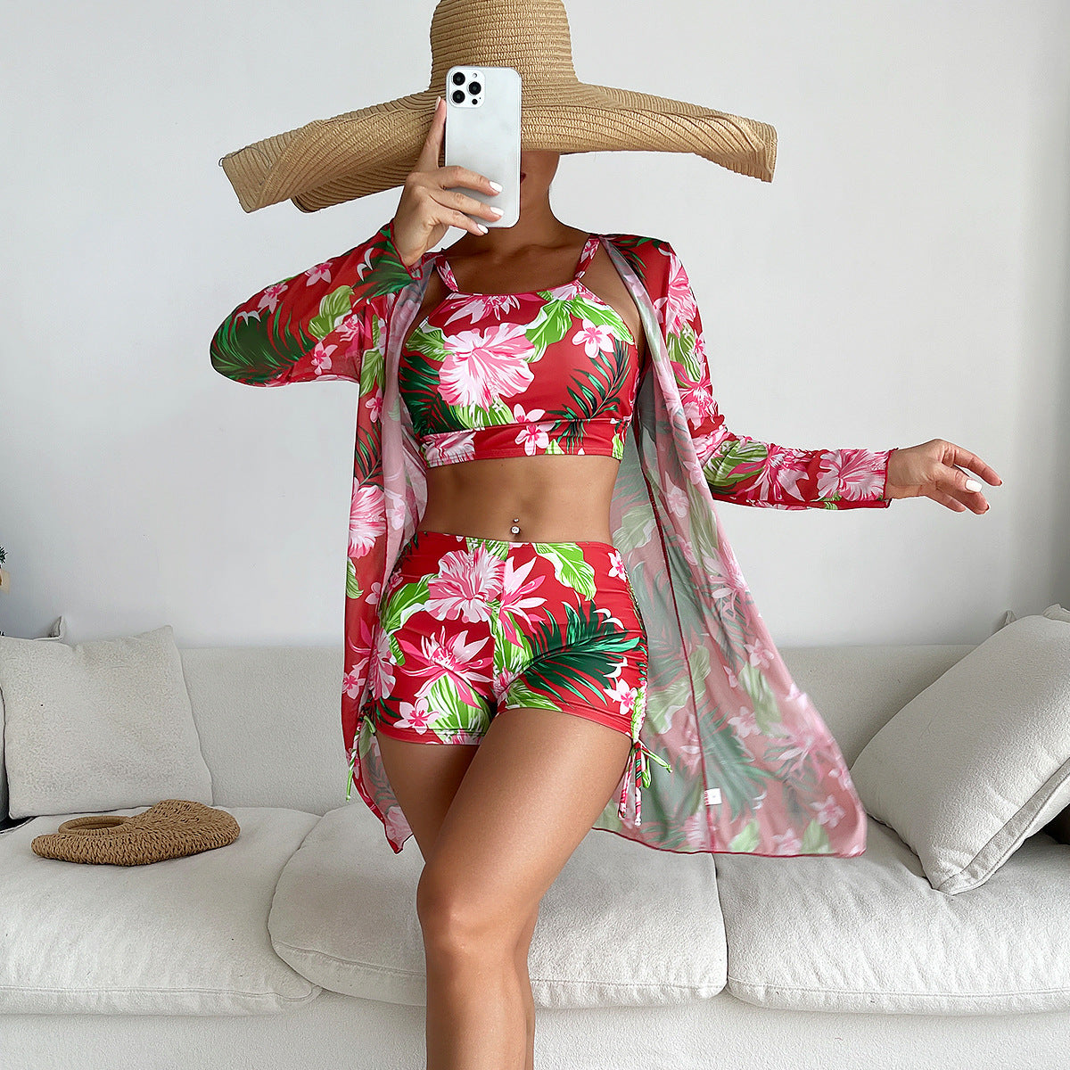 Swimsuit Women Split Three Piece Boxer Shorts Printing Mesh Red Conservative Swimsuit