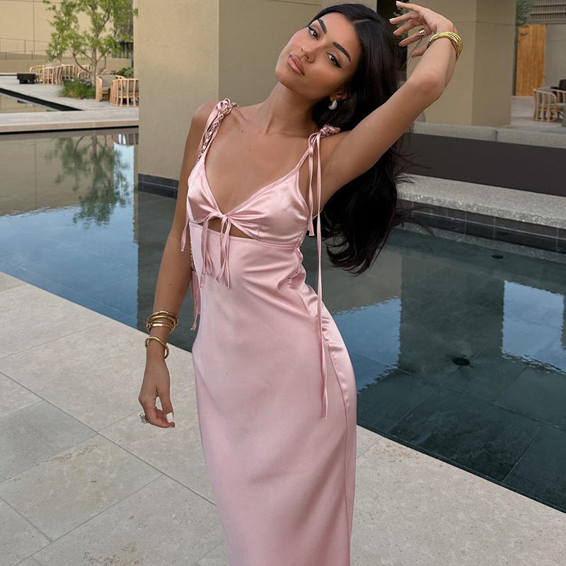 Robe d'été sexy en satin avec col en V et bretelles en dentelle, sans manches, à nouer soi-même pour femme