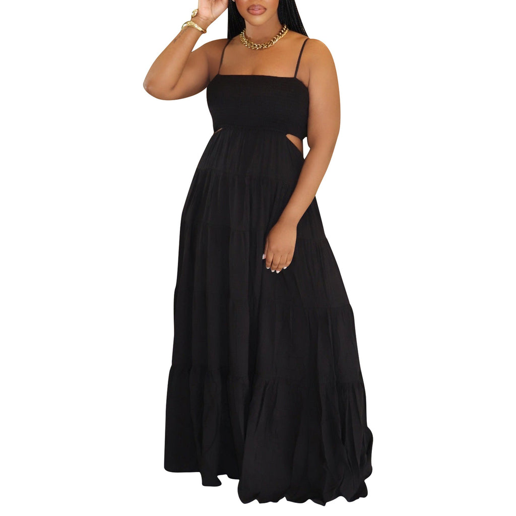 Robe longue bohème d'été pour femme à bretelles spaghetti sans manches et à volants