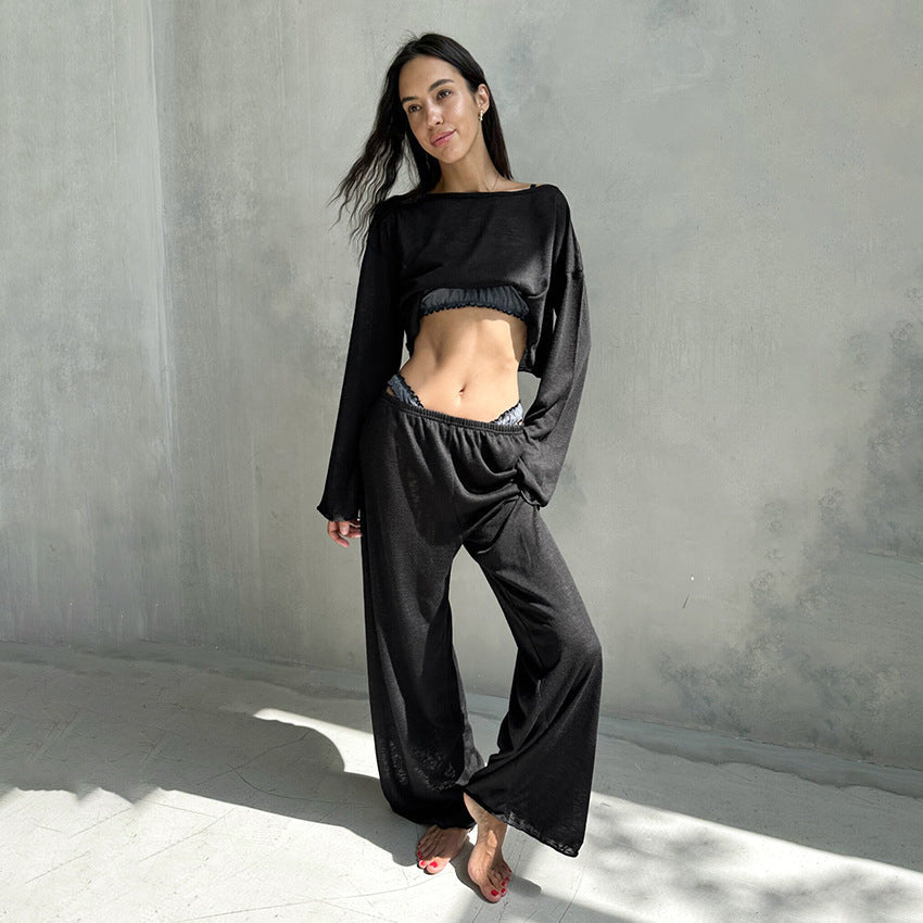 Ensemble de pyjama deux pièces en tricot blanc d'automne, col rond, manches longues, pantalon ample et confortable pour femme