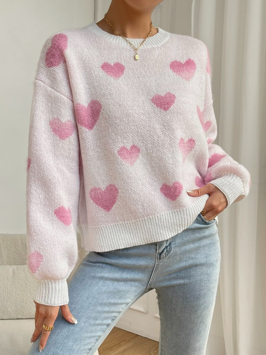 Damen Herbst Winter Love Pullover Locker Lässig Rundhals Strickpullover für Damen