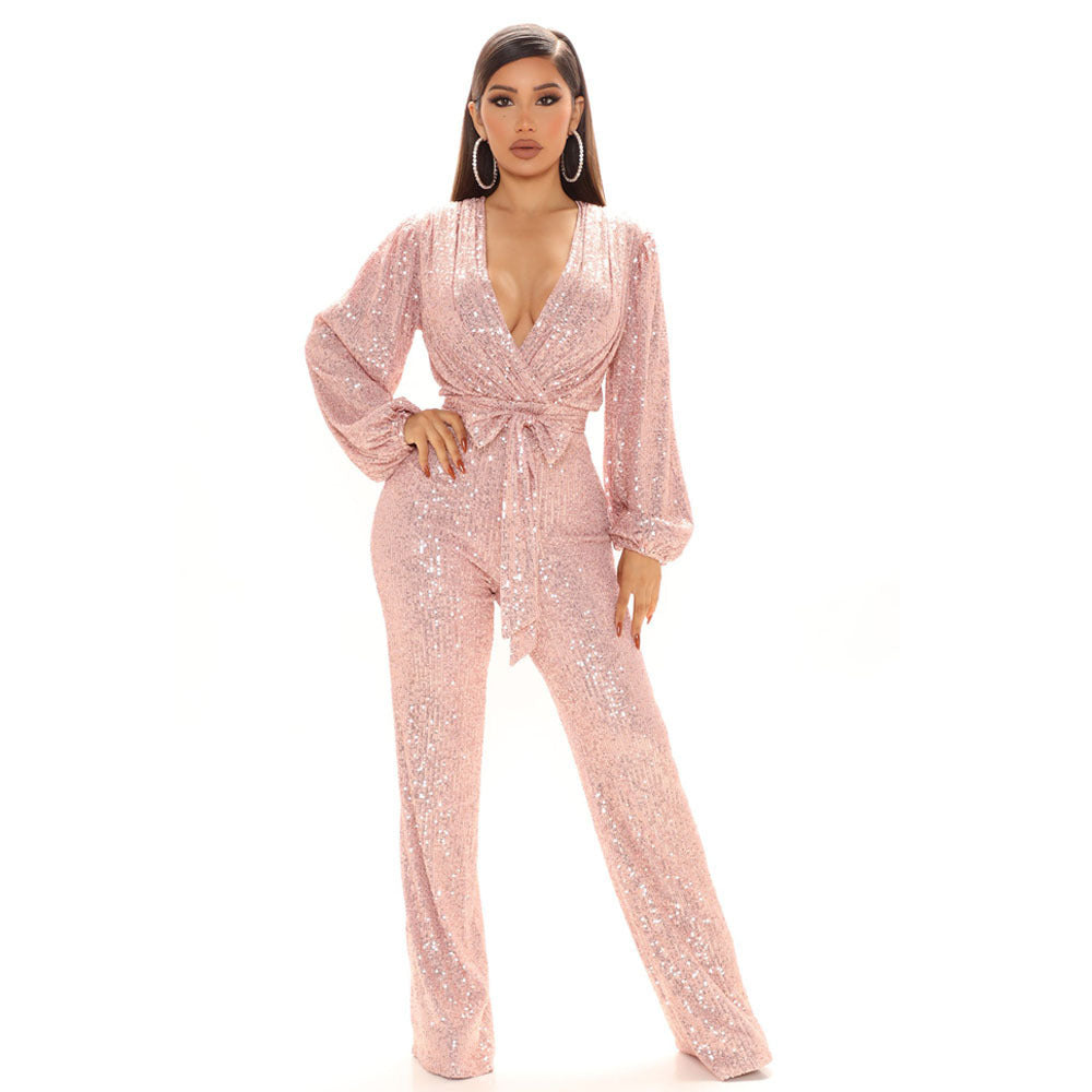 Combinaison pantalon femme haut de gamme d'automne, avec paillettes, décolleté en V profond et manches longues