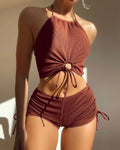 Maillot de bain fendu une pièce de couleur unie pour femmes avec short de sport et bikini de plage