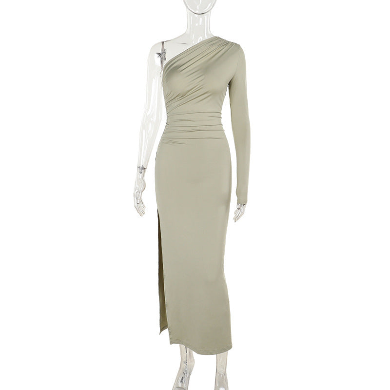 Herbst Elegantes Sexy Schlankes Schultergefaltetes Einschichtiges Ärmelkleid für Damen