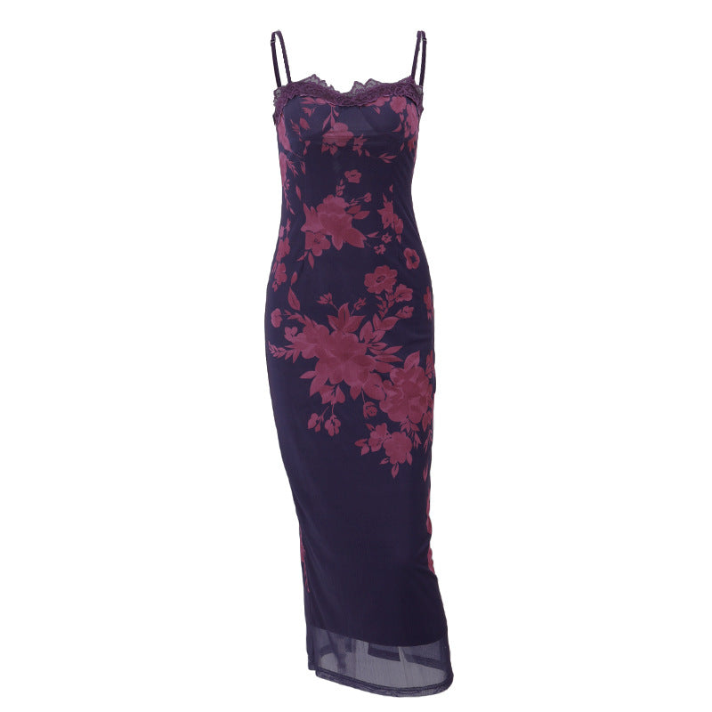 Robe fendue vintage imprimée à dos nu sexy avec bord en dentelle printanière
