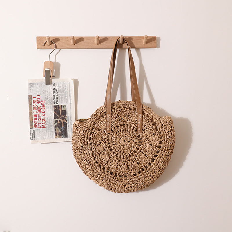 Sac de paille rond à une épaule, portable, creux, découpé, sac de paille tissé, sac de plage décontracté d'été pour femmes