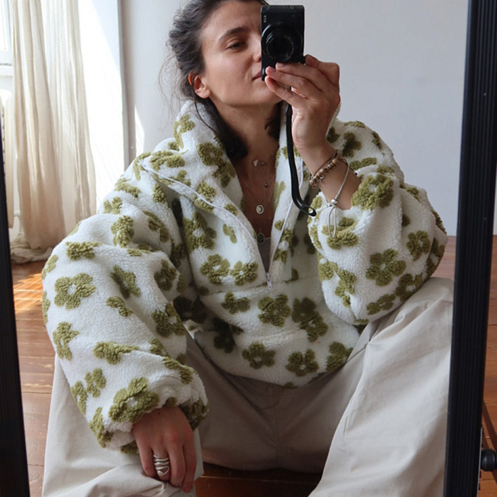 Pull en polaire fleurie pour femme - Hiver chaud - Polaire duveteuse