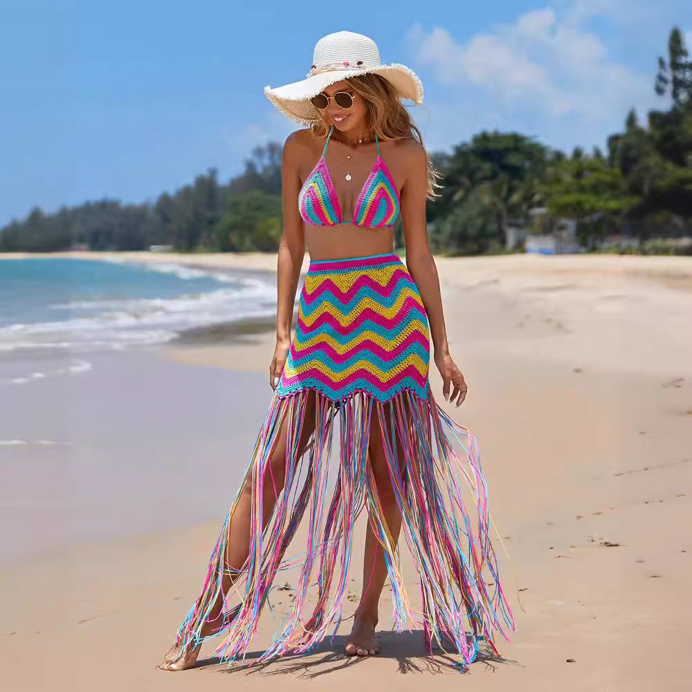 Vêtements pour femmes Ensemble jupe et paréo de plage sexy en crochet fait main à pompons ondulés