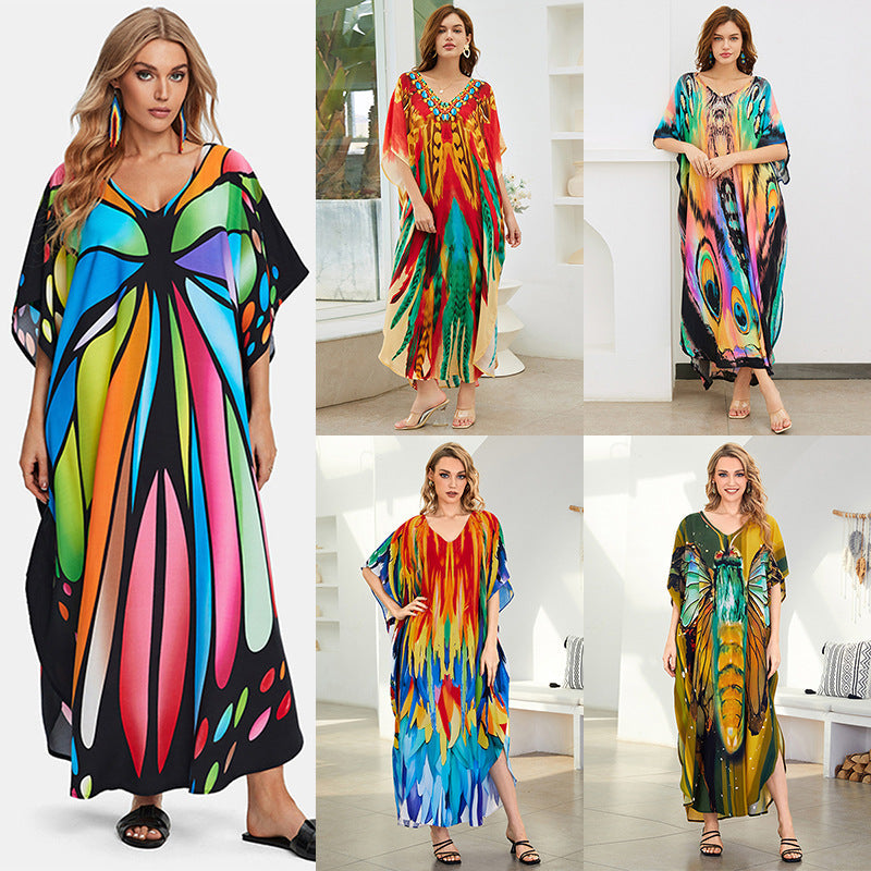 Robe de plage longue et ample en rayonne grande taille, cache-maillot, robe longue de vacances, chemise de protection solaire pour femme