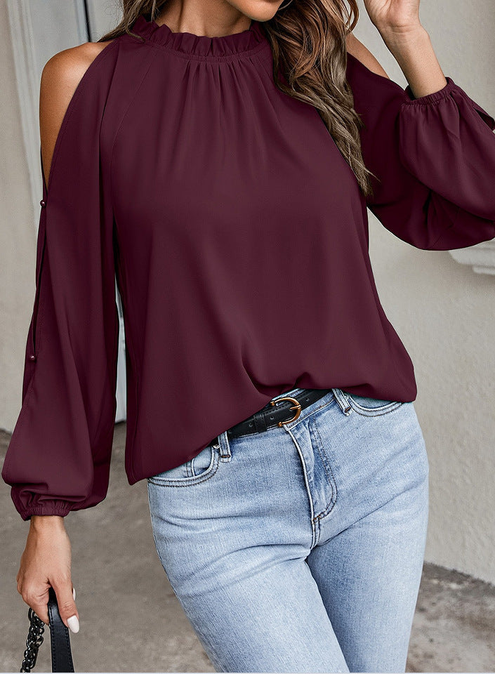 Automne Hiver Femme Couleur Unie Col Rond Manches Longues Plissées Épaule Dénudée Blouse