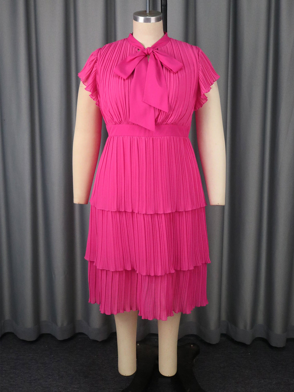 Sommer Anmutiges Schleifen-Rundhalskleid Schmal Geschnittenes Plissiertes Stufenkleid Party Abendkleid