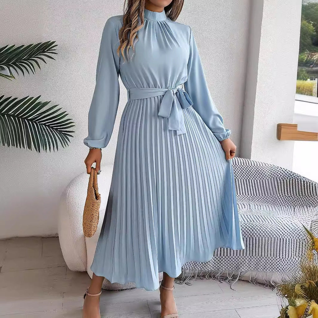 Herbst Winter Elegantes Stehkragen Langarm Raffiniert Gerafftes Maxikleid Kleines Kleid Damenbekleidung