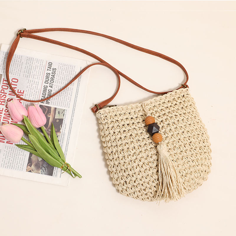 Umhängetasche aus Stroh mit Holzkugeln, Quasten, gewebte Tasche, Urlaub, Strandtasche, Damen-Schultertasche