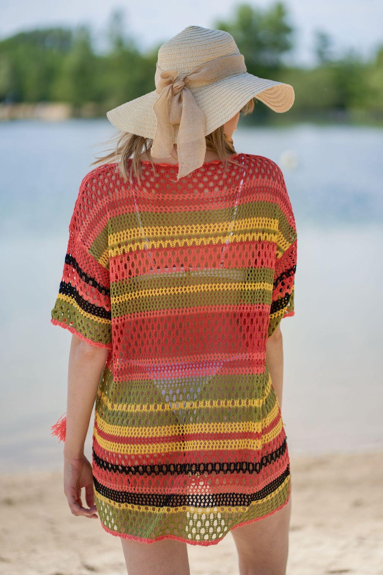 Maillot de bain en tricot à rayures colorées, cache-maillot de plage sexy ajouré, chemise de protection solaire pour les vacances, chemisier de bikini