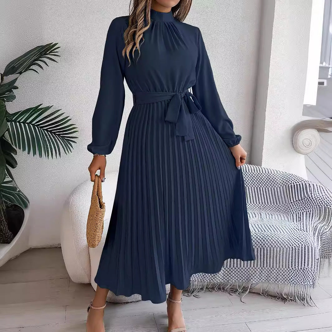 Herbst Winter Elegantes Stehkragen Langarm Raffiniert Gerafftes Maxikleid Kleines Kleid Damenbekleidung