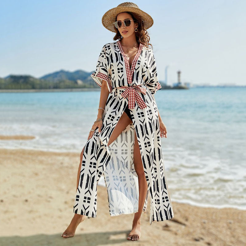 Élastique Impression Maillot de Bain Cardigan Sexy Vacances Protection Solaire Kimono de Plage