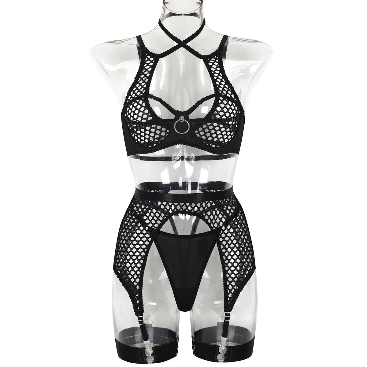 Ensemble quatre pièces de lingerie sexy en métal creux, avec des découpes, de larges trous, des bandes résille, et une jarretière transparente.