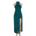 Robe dos nu fendue sexy à coupe ajustée pour femme avec texture en fourrure et licou