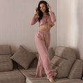 Pyjama deux pièces femme d'automne/hiver en maille à rayures, avec pantalon et haut à manches longues et lacets, vêtement d'intérieur.