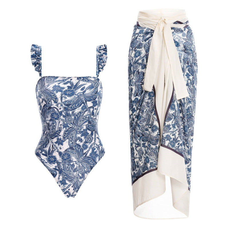 Flying Edge One Piece Damen Bademode Europäischer, französischer Retro-Badeanzug zur Bauchkaschierung Chiffon-Strandkleid