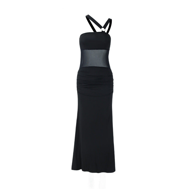 Robe d'été pour femme, asymétrique irrégulière, épaule dénudée, poitrine drapée, moulante, maille cousue, dos nu, style niche