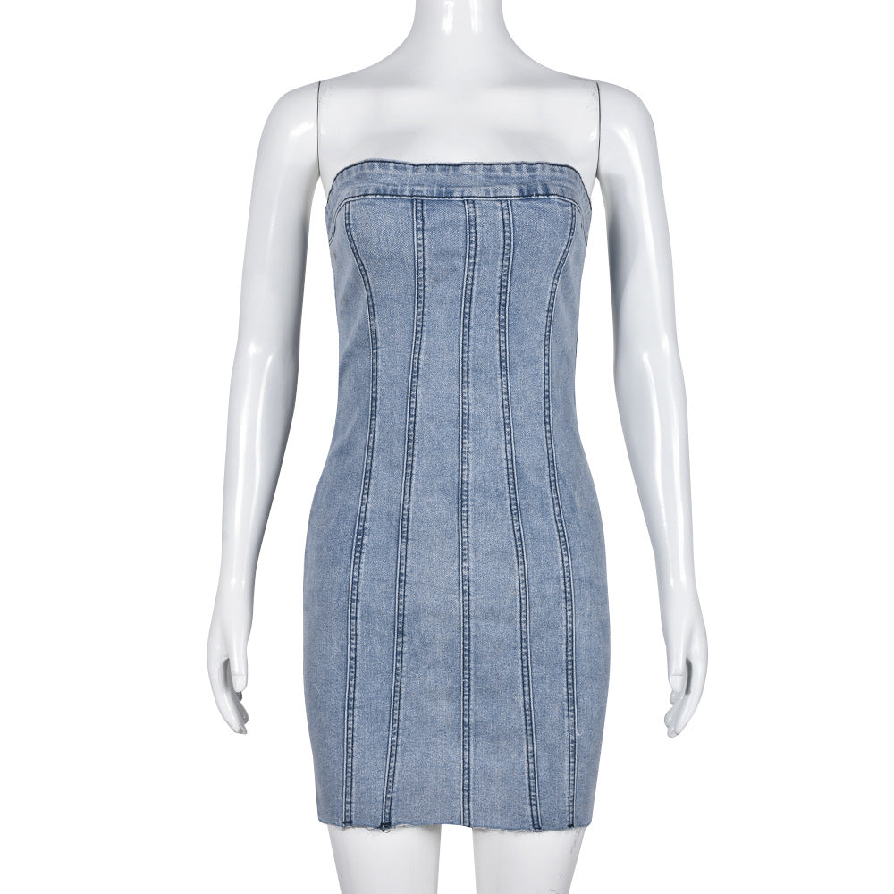 Robe Lavée Poitrine Enveloppée Sexy Dos Nu Denim Printemps Été Femme