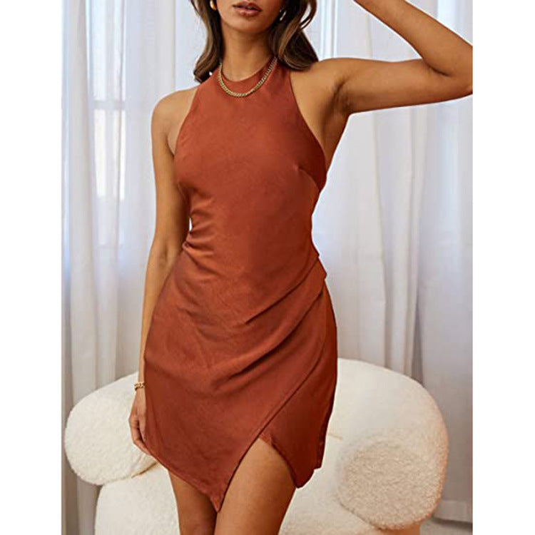 Damenbekleidung Solides Satin-Neckholder-Rückenfreies Schlitz-Minikleid Abendkleid