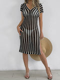 Damen Strand Vertuschung Damenbekleidung tiefer V-Ausschnitt durchbrochener Hohl-Cutout-Farbenkontrast Patchwork gestreiftes Schlitzkleid