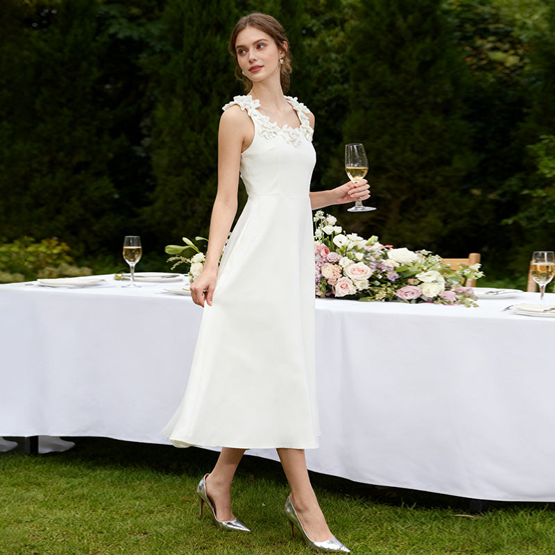 Robe Longue en Dentelle à Bretelles Florales Tricotées, Robe Trapèze Élégante pour Femmes, Style Décontracté, Robe de Soirée, Printemps-Été