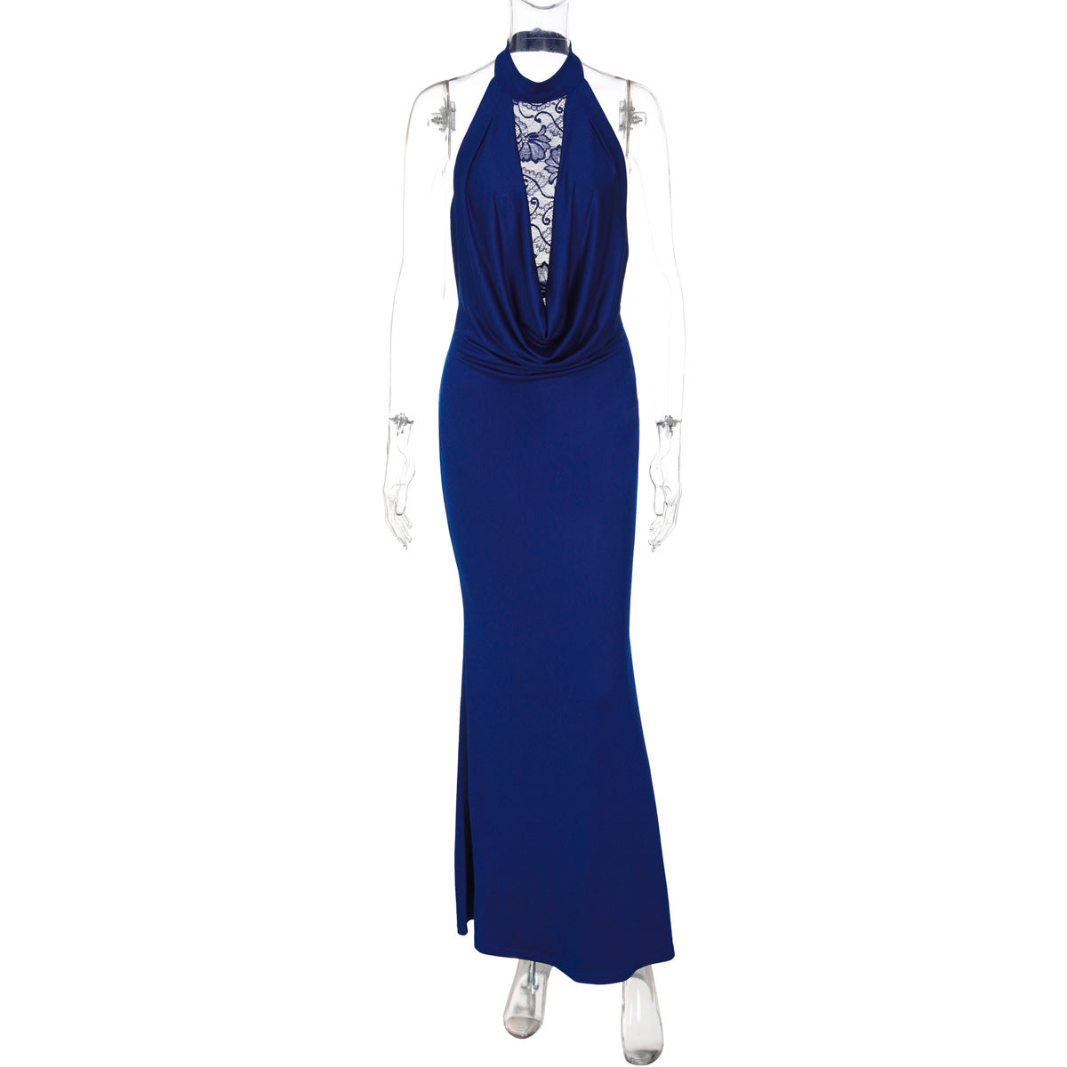 Französische Damenbekleidung Winter Spitze Nähte Sexy Cut-Out Rückenfrei Geschlitztes Neckholder-Kleid