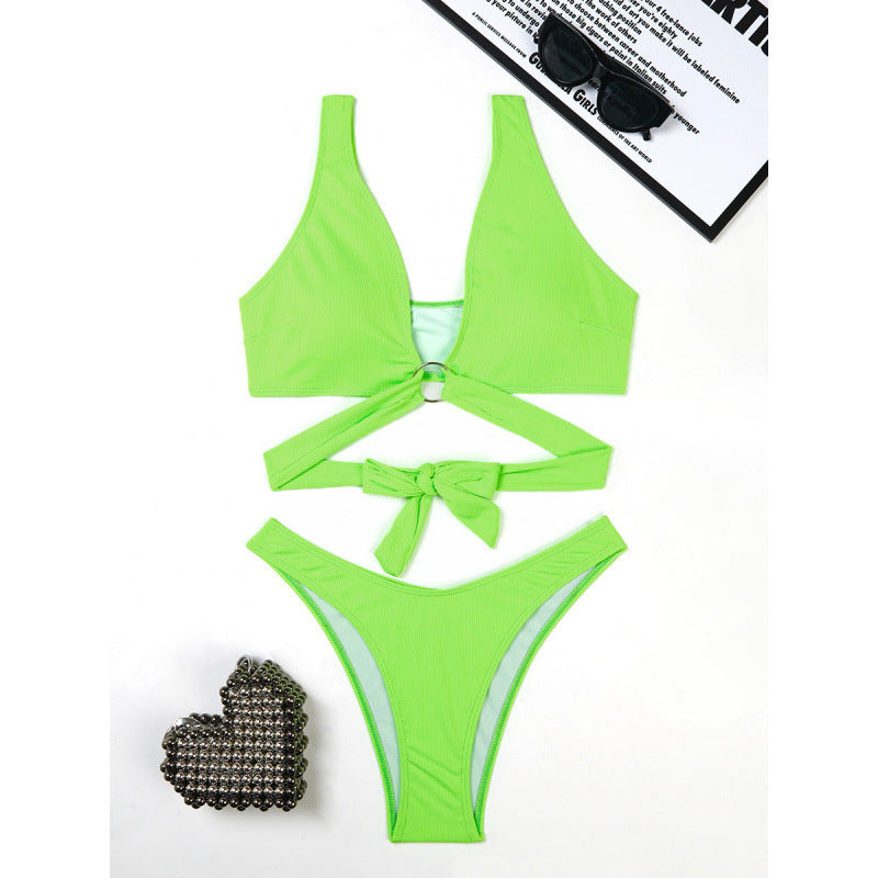 Maillot de bain bikini sexy à rayures fines, avec anneau uni en trois points pour femme