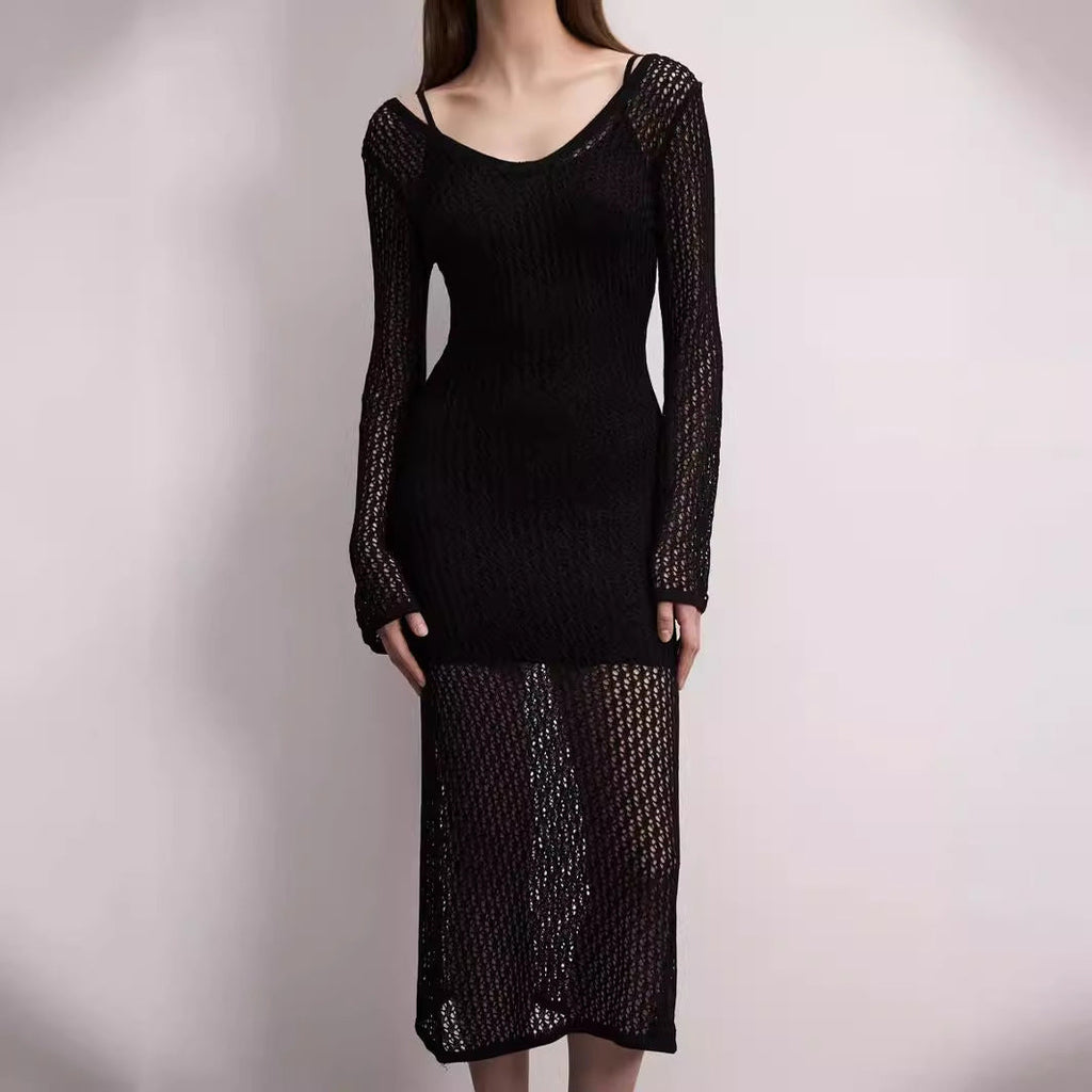 Sommer Strandkleid Sexy Cutout Transparent Sonnenschutz am Meer Strandkleid Gestricktes Kleid